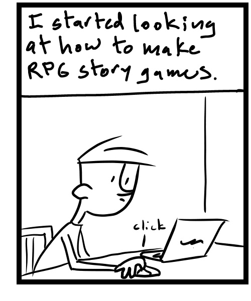 A four-panel comic about a person thinking about making a game that features his music in it - Panel 3