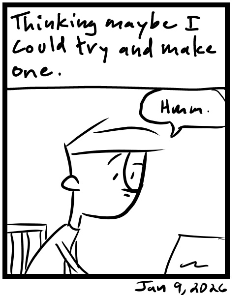 A four-panel comic about a person thinking about making a game that features his music in it - Panel 4
