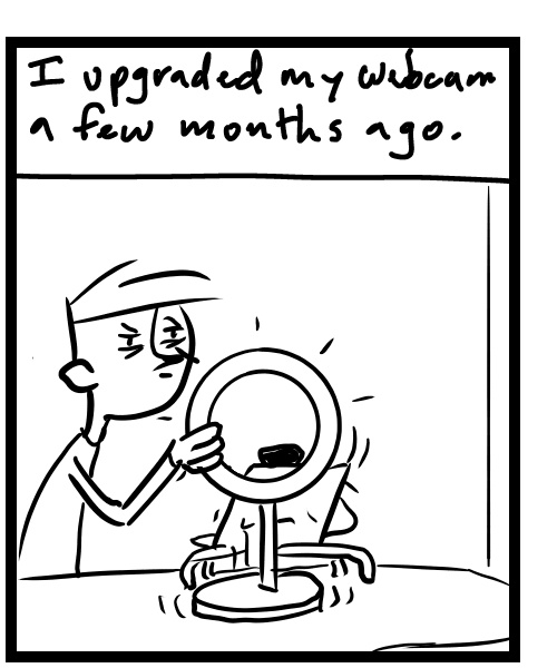 A four-panel comic about a person setting up for a podcast interview - Panel 2