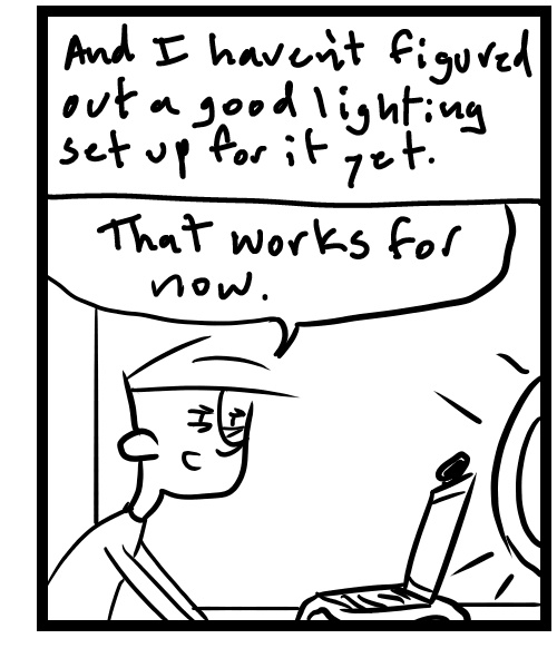 A four-panel comic about a person setting up for a podcast interview - Panel 3
