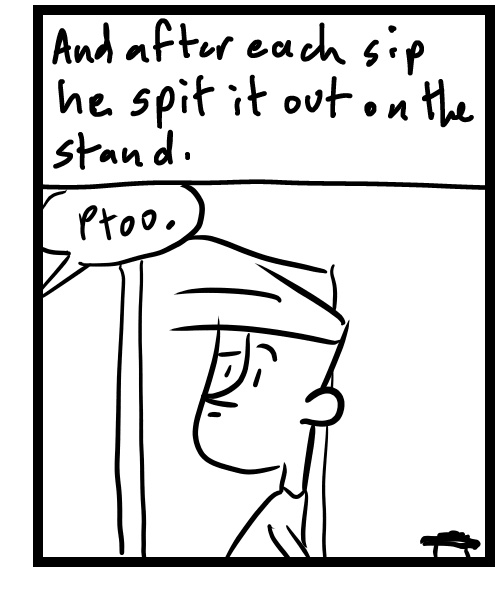 A four-panel comic about people looking at a guy in a coffee shop drinking coffee and spitting it out - Panel 3