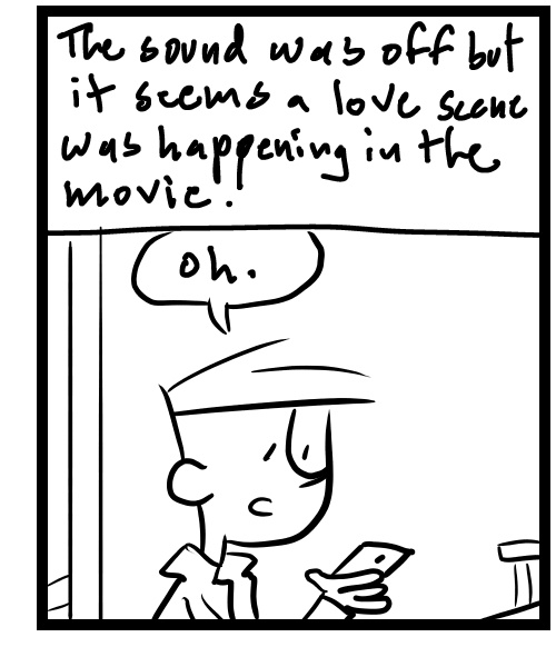 A four-panel comic about a person showing his phone screen while watching a movie - Panel 3