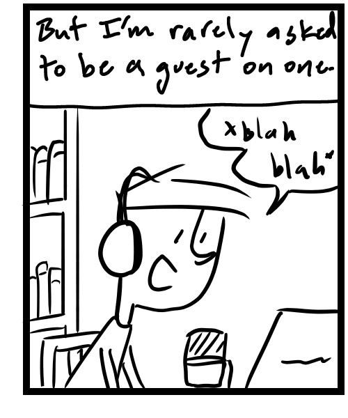A four-panel comic about a person being interviewed on a podcast and feeling like he's talking too much - Panel 3
