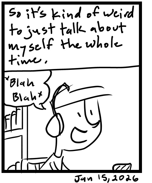 A four-panel comic about a person being interviewed on a podcast and feeling like he's talking too much - Panel 4