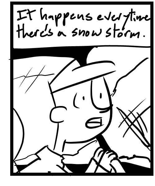 A four-panel comic about a person delivering in a snowstorm and freaking out about it - Panel 3
