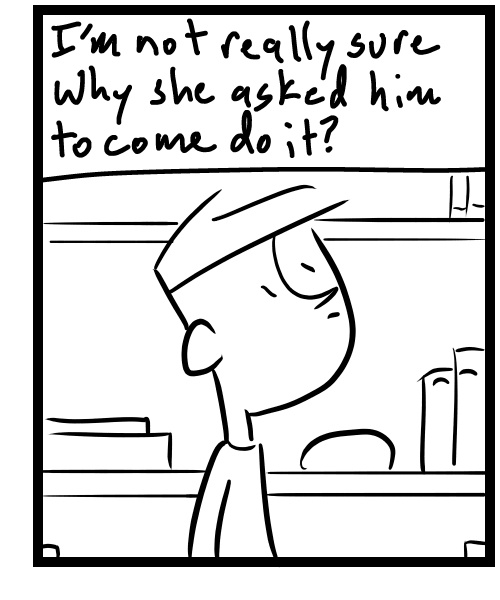 A four-panel comic about people changing a light bulb and wondering if it took two people to do it - Panel 3