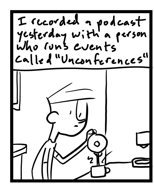 A four-panel comic about a person drinking coffee and thinking about creating a music event - Panel 1