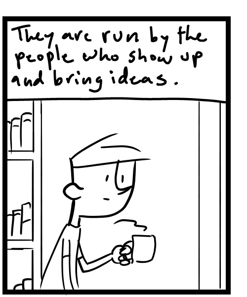 A four-panel comic about a person drinking coffee and thinking about creating a music event - Panel 2