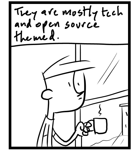 A four-panel comic about a person drinking coffee and thinking about creating a music event - Panel 3