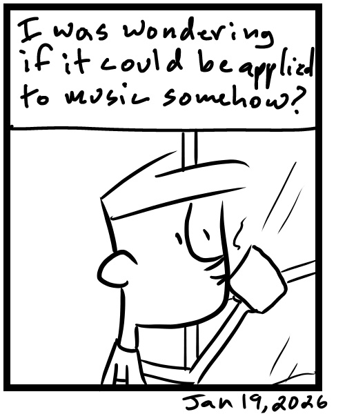 A four-panel comic about a person drinking coffee and thinking about creating a music event - Panel 4