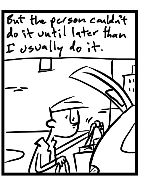 A four-panel comic about a person feeling the day is off while going to post office - Panel 2