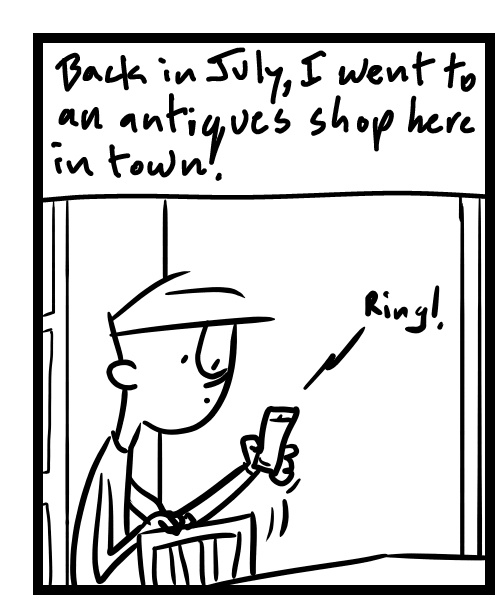 A four-panel comic about a person talking on the phone to an antique store - Panel 1