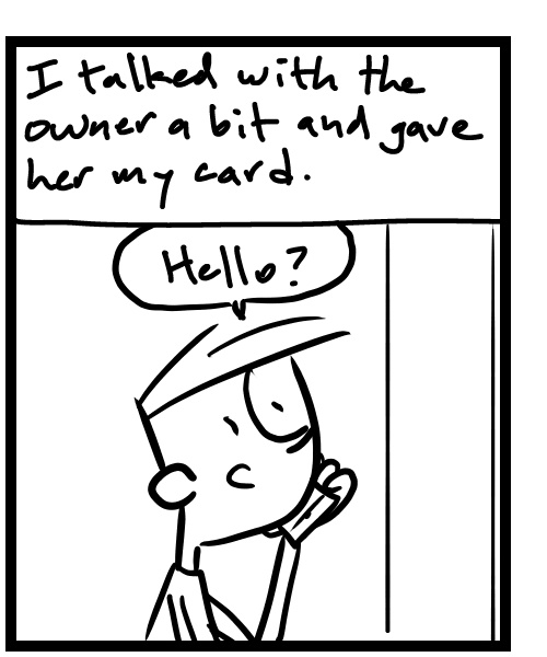 A four-panel comic about a person talking on the phone to an antique store - Panel 2