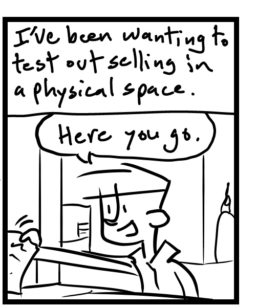 A four-panel comic about a person filling out rental form for an antique store booth - Panel 2