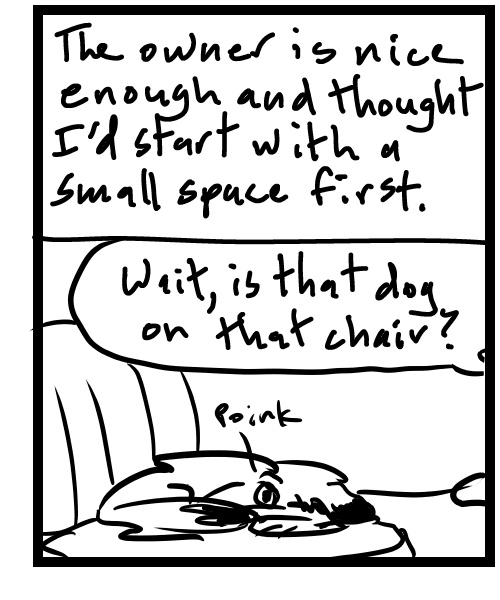 A four-panel comic about a person filling out rental form for an antique store booth - Panel 3