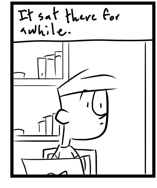 A four-panel comic about a person looking at a falcon perched outside - Panel 3