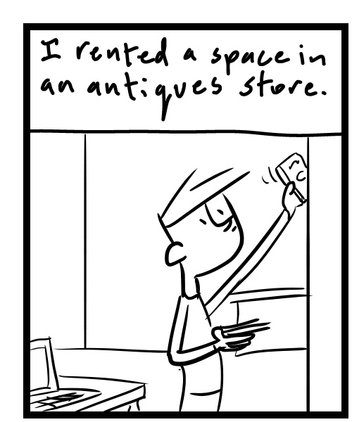 A four-panel comic about a person looking through his bookshelves and checking his laptop - Panel 1