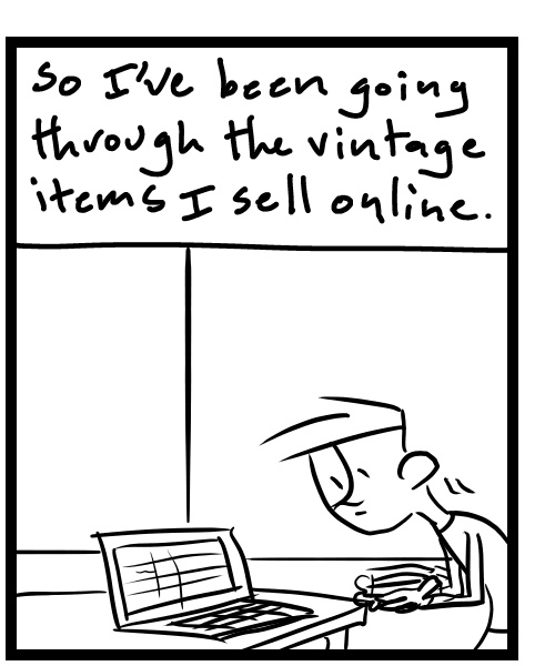 A four-panel comic about a person looking through his bookshelves and checking his laptop - Panel 2