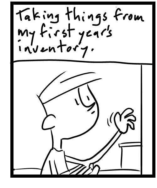 A four-panel comic about a person looking through his bookshelves and checking his laptop - Panel 3