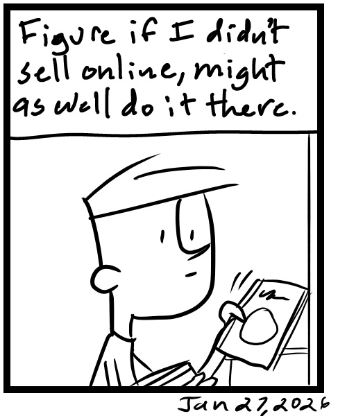 A four-panel comic about a person looking through his bookshelves and checking his laptop - Panel 4