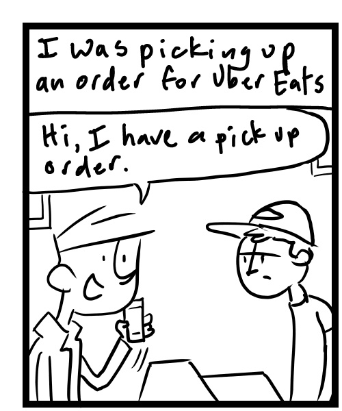 A four-panel comic about a person talking to an angry store worker - Panel 1