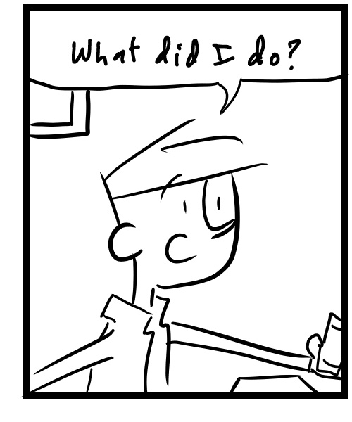 A four-panel comic about a person talking to an angry store worker - Panel 3