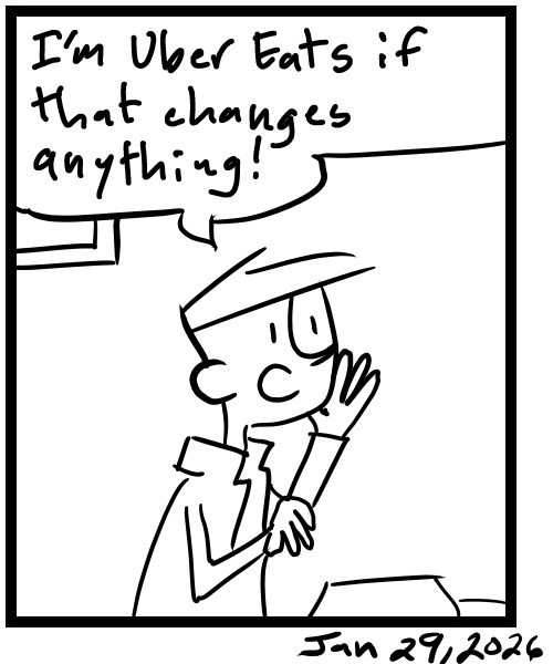 A four-panel comic about a person talking to an angry store worker - Panel 4