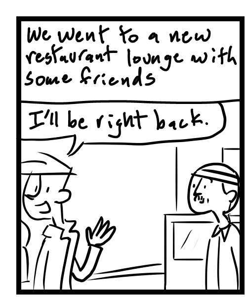 A four-panel comic about a person asking where the bathroom is - Panel 1