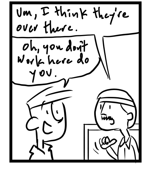 A four-panel comic about a person asking where the bathroom is - Panel 3