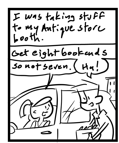 A four-panel comic about people getting bookends for an antique store booth - Panel 1