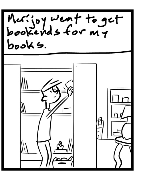 A four-panel comic about people getting bookends for an antique store booth - Panel 2