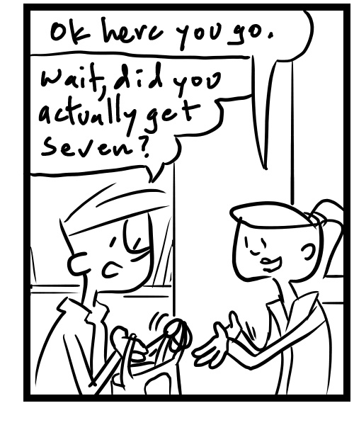 A four-panel comic about people getting bookends for an antique store booth - Panel 3