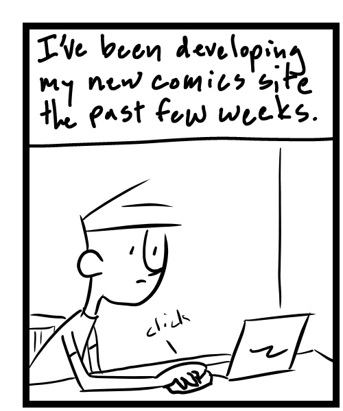 A four-panel comic about a person working on a laptop setting up a website - Panel 1