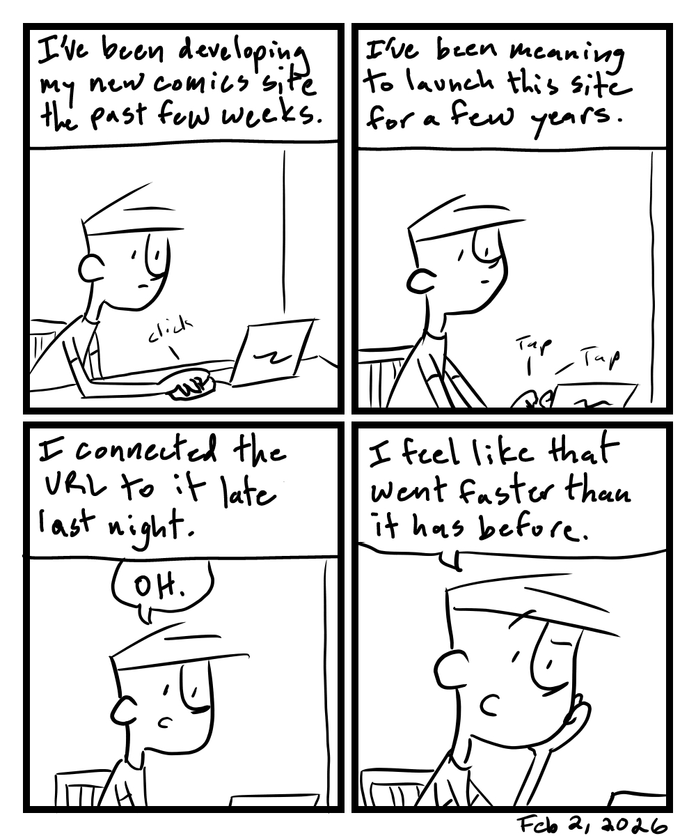 A four-panel comic about a person working on a laptop setting up a website