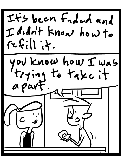 A four-panel comic about people talking about how to refill a reusable stamp - Panel 2