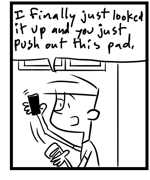 A four-panel comic about people talking about how to refill a reusable stamp - Panel 3