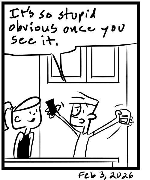 A four-panel comic about people talking about how to refill a reusable stamp - Panel 4