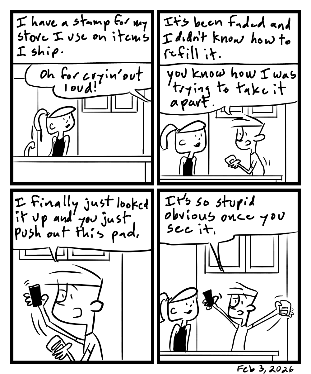 A four-panel comic about people talking about how to refill a reusable stamp
