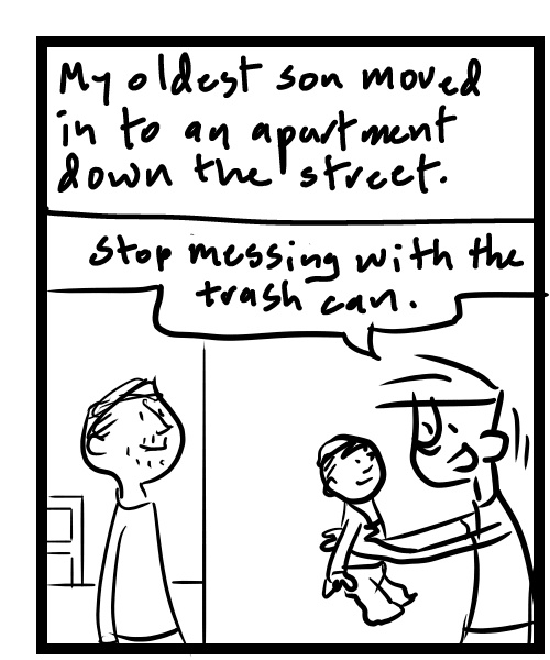 A four-panel comic about people trying to talk while a baby keeps messes with the trash can - Panel 1