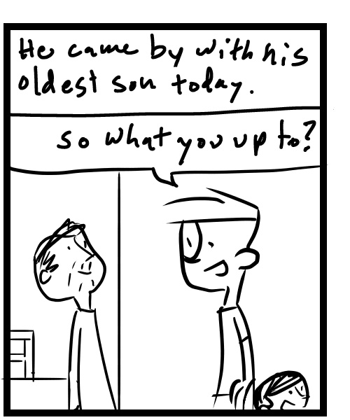 A four-panel comic about people trying to talk while a baby keeps messes with the trash can - Panel 2