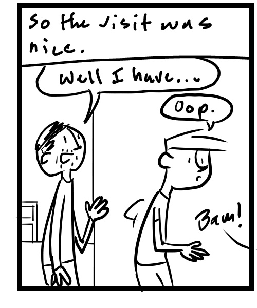 A four-panel comic about people trying to talk while a baby keeps messes with the trash can - Panel 3