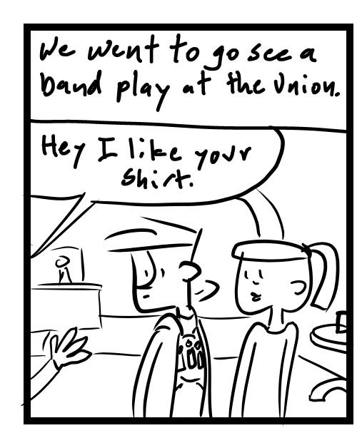A four-panel comic about people at a show talking about a shirt - Panel 1
