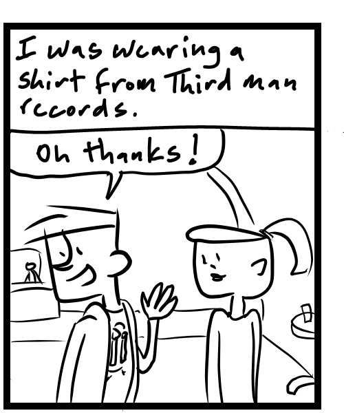 A four-panel comic about people at a show talking about a shirt - Panel 2