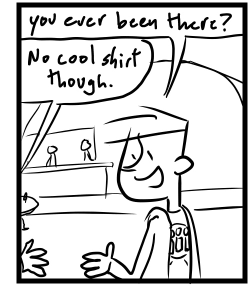 A four-panel comic about people at a show talking about a shirt - Panel 3