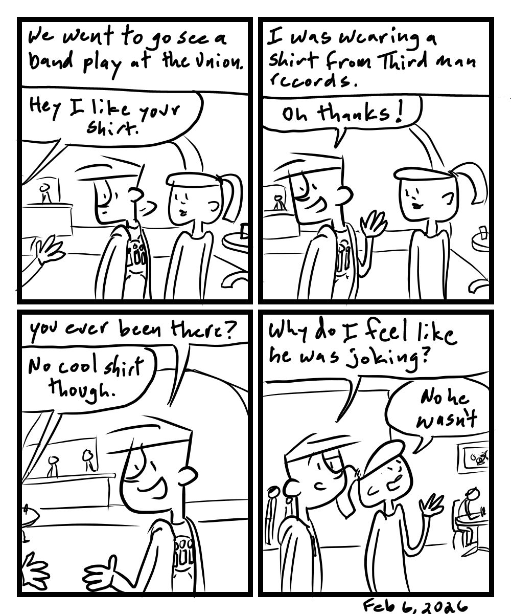 A four-panel comic about people at a show talking about a shirt