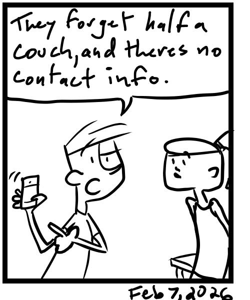 A four-panel comic about people getting only half a couch delivered - Panel 4