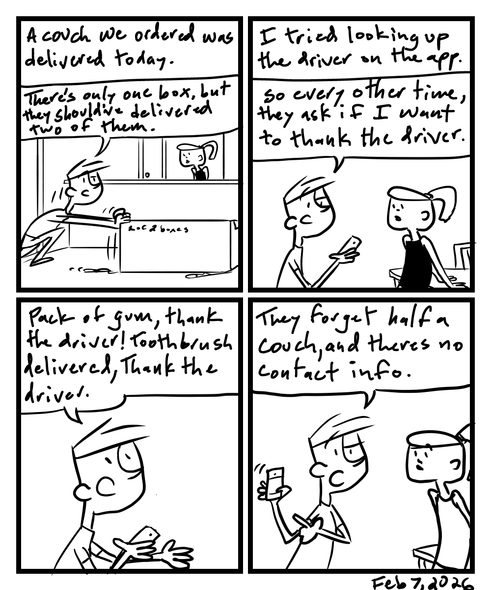 A four-panel comic about people getting only half a couch delivered