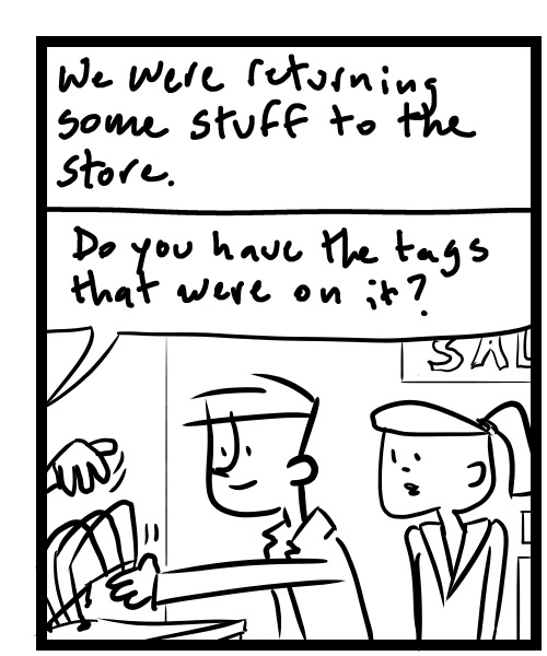 A four-panel comic about people returning something to the store - Panel 1