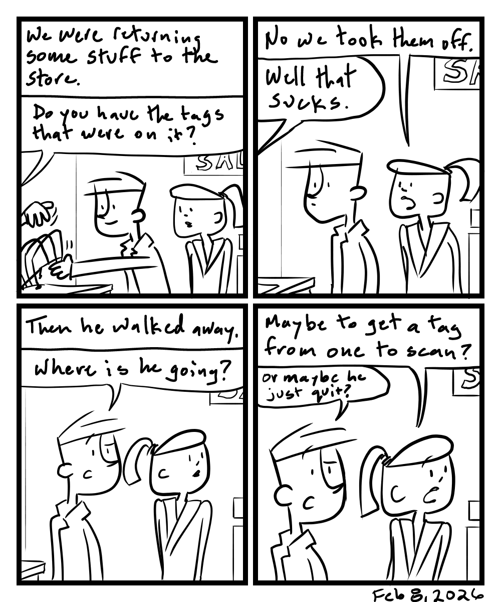 A four-panel comic about people returning something to the store