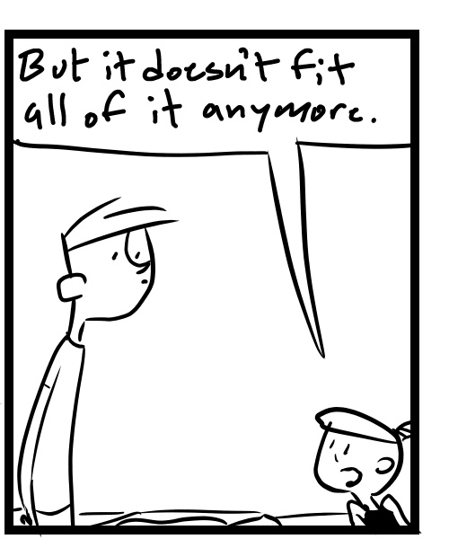 A four-panel comic about people trying to pack up a couch for return - Panel 2